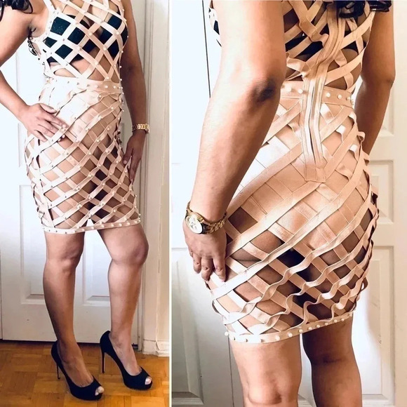 FASHION NOVA BANDAGE SEXY DRESS  TAN COLOR MEDIJM - Picture 5 of 16